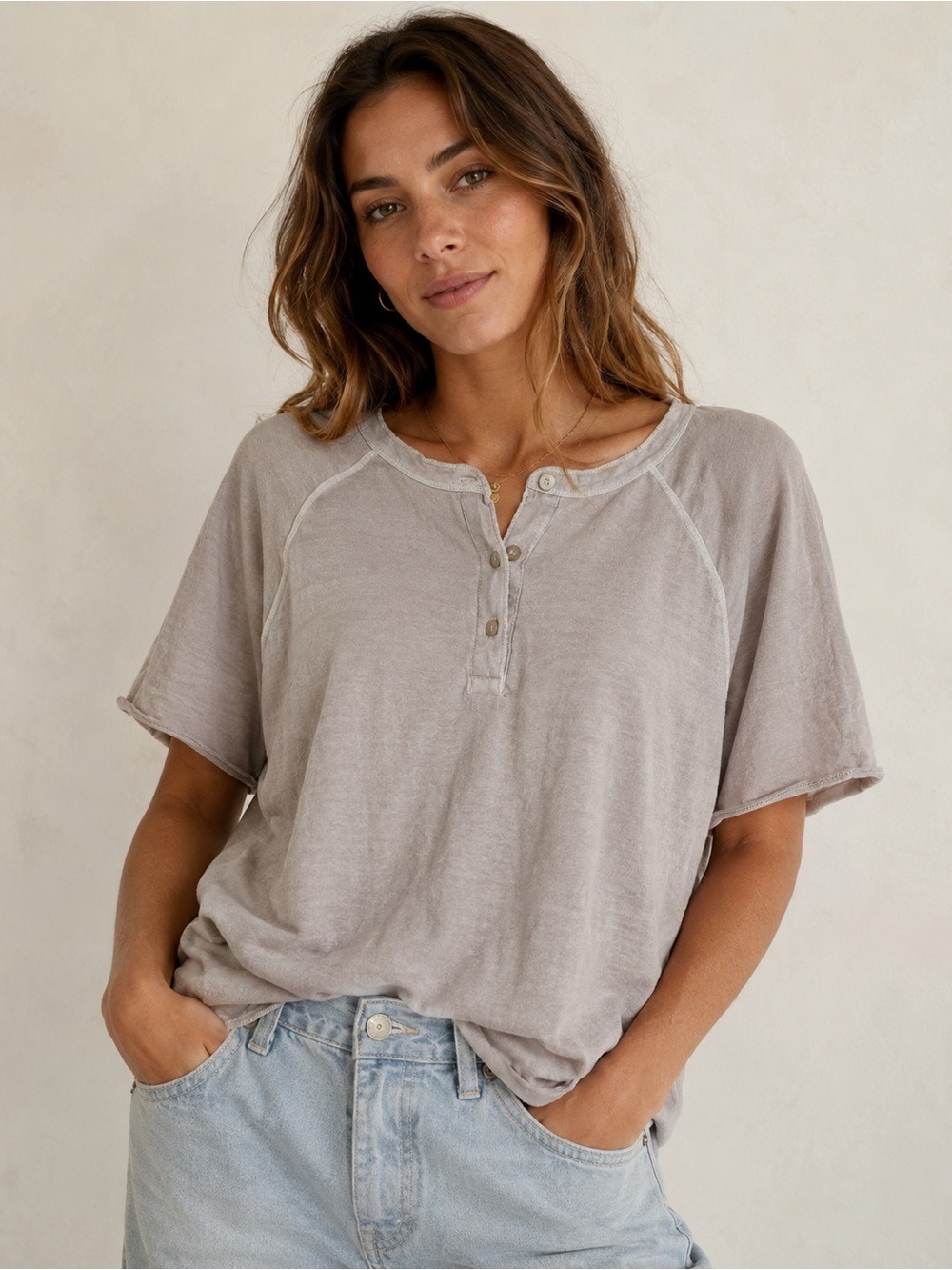 Madewell Garment-Dyed Henley Tee Taupe Raglan Sleeve Plus 2X